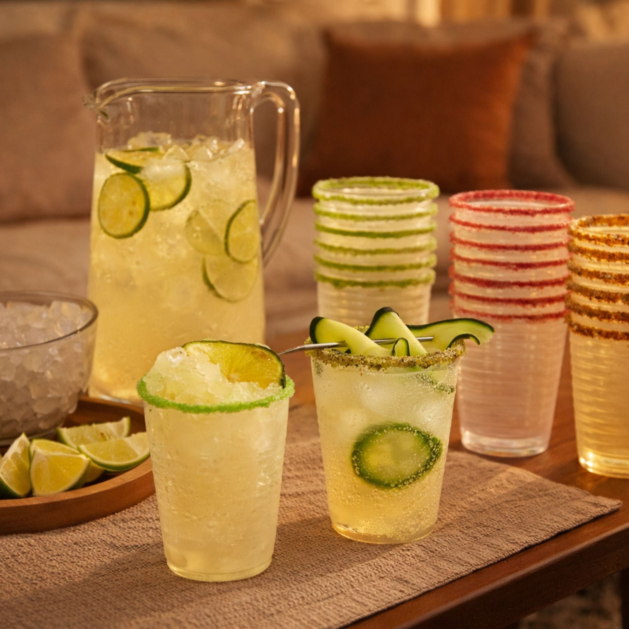 Girls’ night margarita setup with a pitcher and Rita Rims pre-rimmed cups in multiple flavors