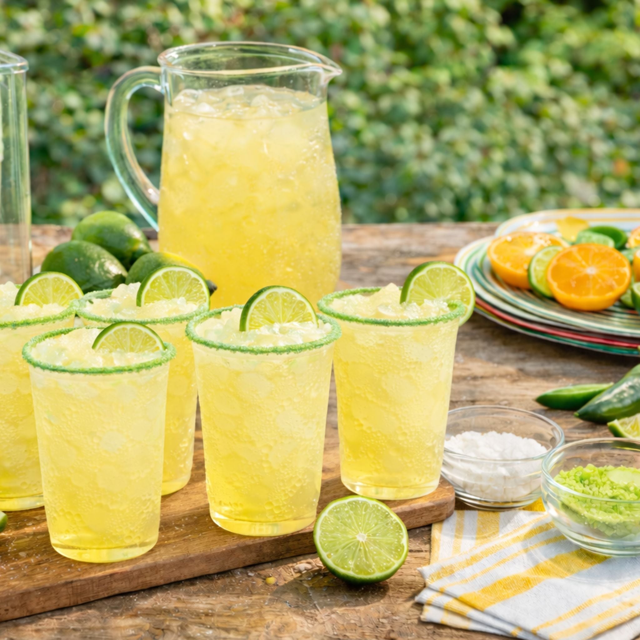 Margarita bar setup with Rita Rims party cups, lime wedges, pitcher, ice, and garnishes for an easy party drink station