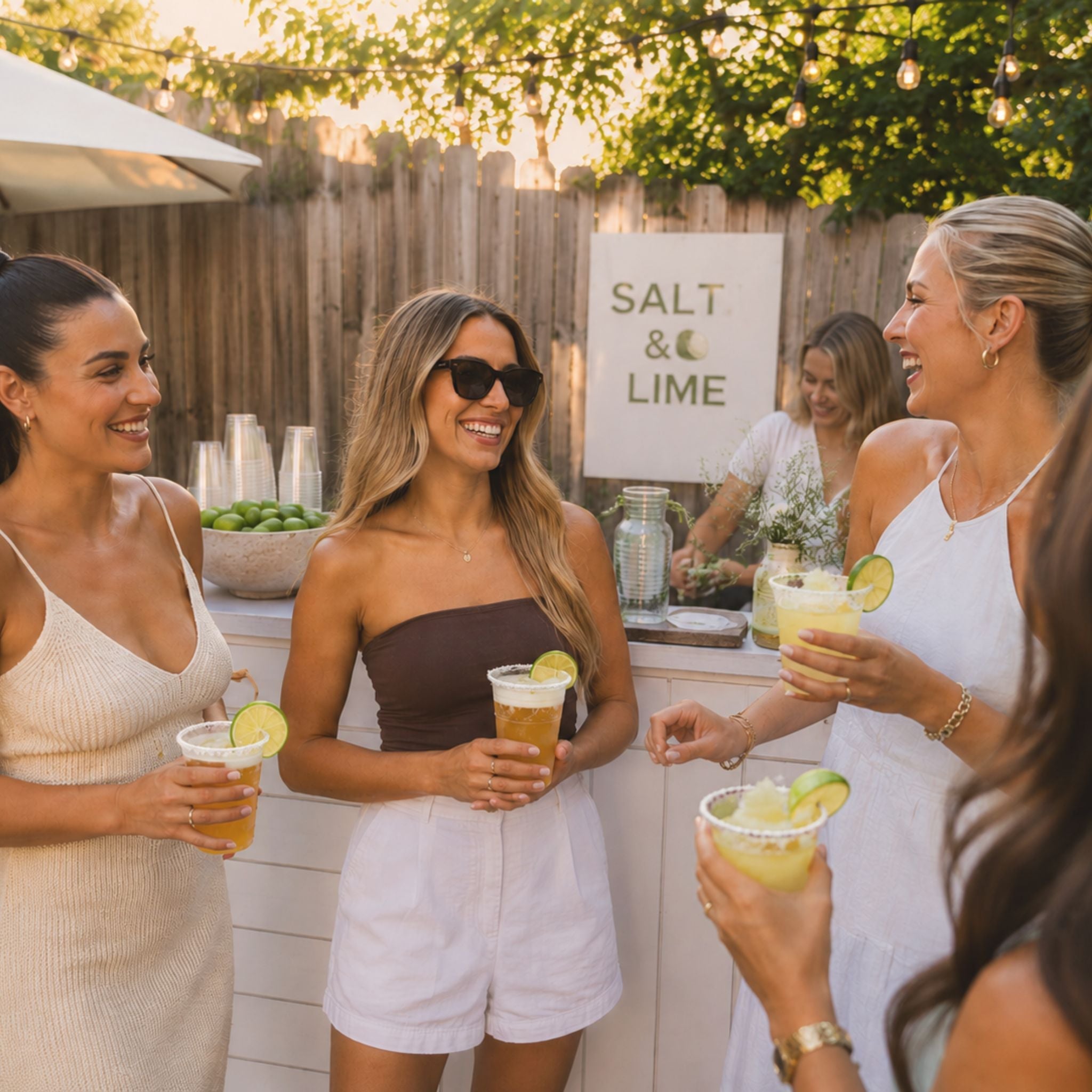Woman hosting a girls’ night with Rita Rims pre-rimmed party cups, margaritas, and party snacks.