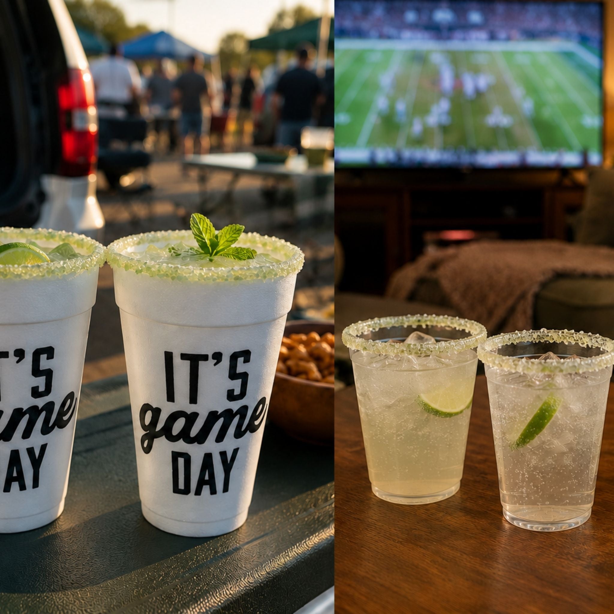 Split scene showing Rita Rims Game Day Cups at an outdoor tailgate and clear Salt & Lime Party Cups at a home football watch party.