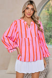 Orange Stripe Crinkle Ruffle Sleeve Loose Top