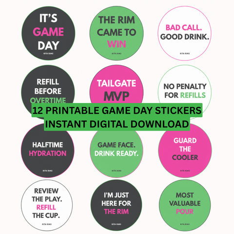 Twelve printable Rita Rims game day sticker designs arranged in a colorful three-by-four grid.