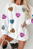 White Letter Sequin Heart Graphic Valentines Corded Crewneck Sweatshirt