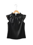 Black Solid Color Leather Frill Neck Ruffle Blouse