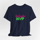 Navy blue t-shirt with text on a light gray background