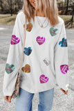 White Letter Sequin Heart Graphic Valentines Corded Crewneck Sweatshirt