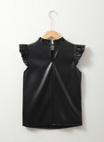 Black Solid Color Leather Frill Neck Ruffle Blouse