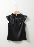 Black Solid Color Leather Frill Neck Ruffle Blouse