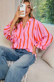 Orange Stripe Crinkle Ruffle Sleeve Loose Top