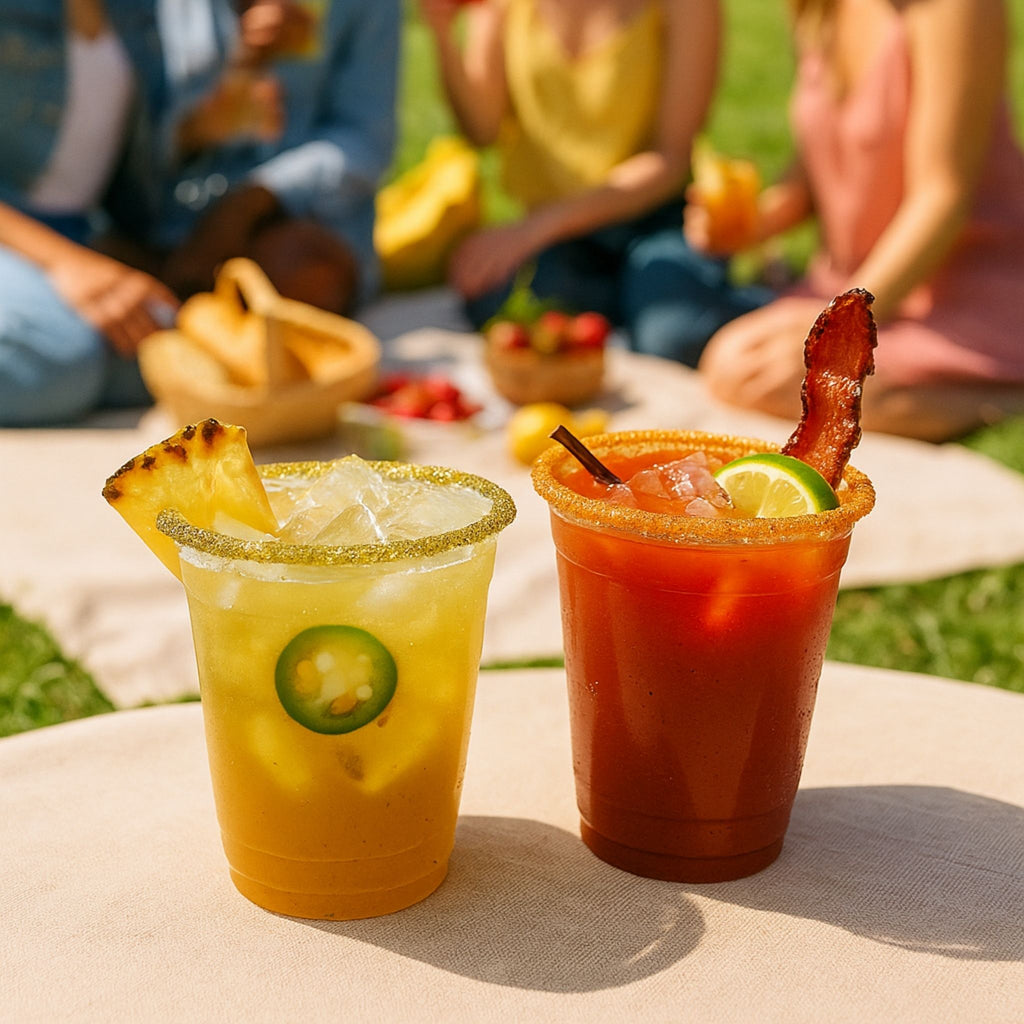 Two colorful cocktails on a table with people sitting in the background