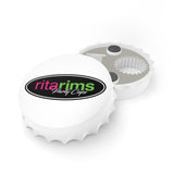 A white bottle cap-shaped party cup lid with a black oval logo reading 'ritarims Party Cups' in pink and green, shown next to the open interior of the same cap on a white background.