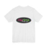 A white short-sleeve crewneck t-shirt with an oval graphic on the chest reading 'ritarims Party Cera' in pink, green, and white text.