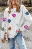 White Letter Sequin Heart Graphic Valentines Corded Crewneck Sweatshirt