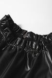 Black Solid Color Leather Frill Neck Ruffle Blouse