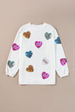 White Letter Sequin Heart Graphic Valentines Corded Crewneck Sweatshirt