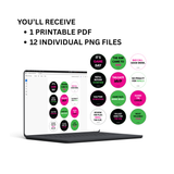 Digital download preview showing a printable sticker sheet and 12 individual game day PNG files.