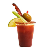 Bloody mary cocktail with garnishes on a white background