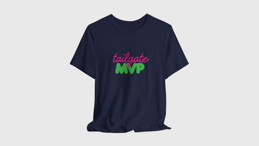 Rita Rims navy blue t-shirt that says "tailgate MVP" in Rita Rims pink and green.