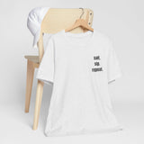A light heather gray t-shirt with black text reading 'salt. sip. repeat'