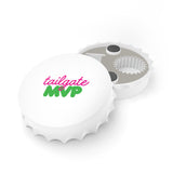 Front and back views of the Tailgate MVP magnetic bottle opener