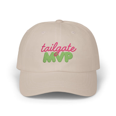 Tailgate MVP embroidered cotton cap with pink and green lettering
