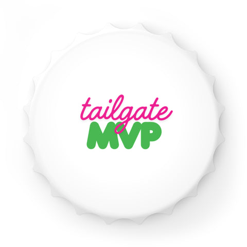 White Tailgate MVP magnetic bottle opener with pink and green printed design