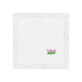 White Tailgate MVP cocktail napkin with pink and green printed design